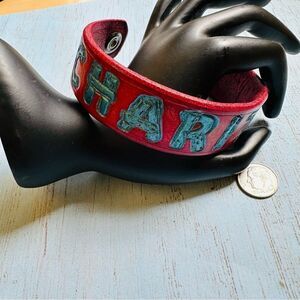 Hand Tooled Painted Leather Charity Snap Bracelet‎ Vintage 8.5 In